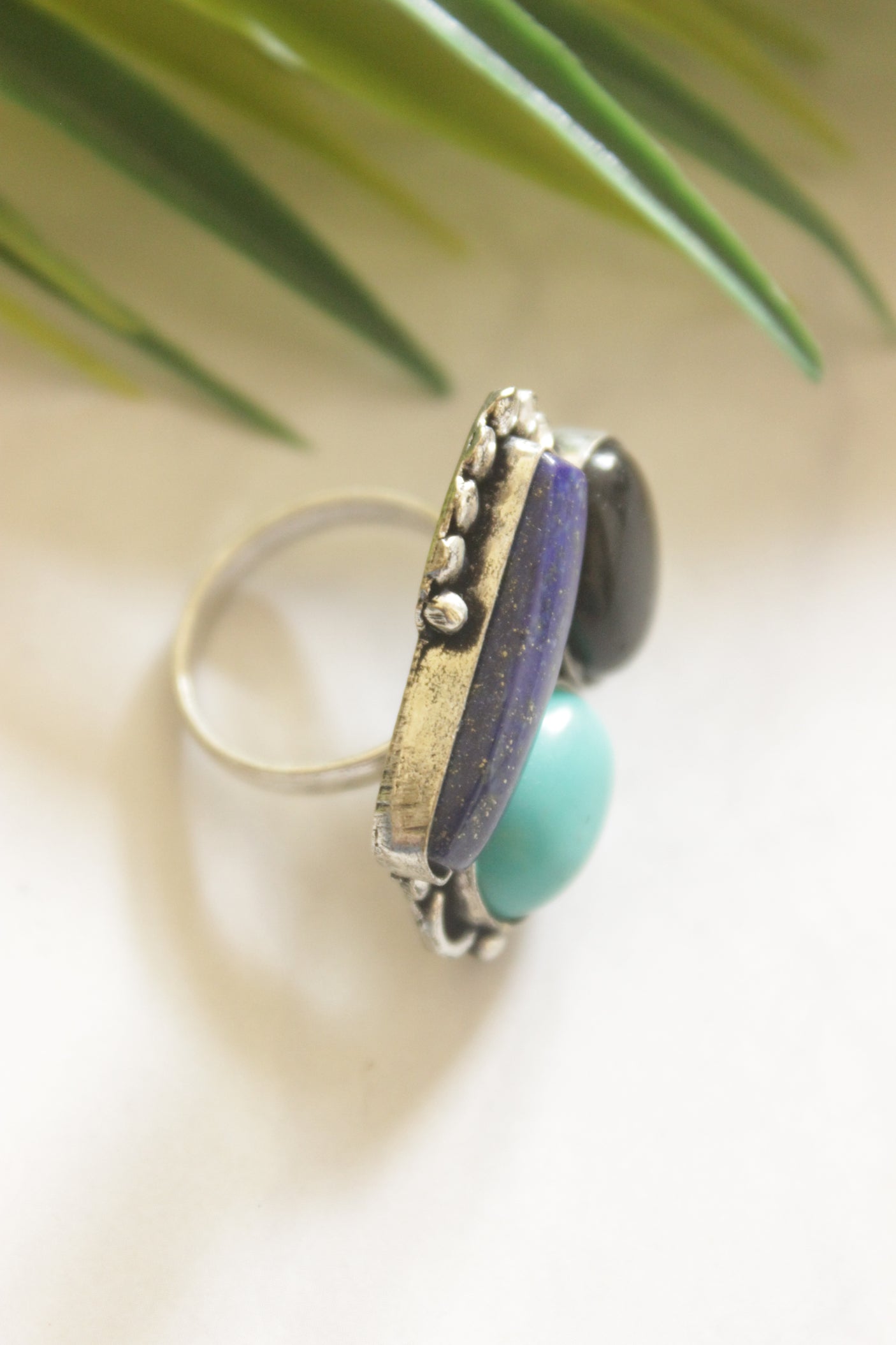 Multi-Color Gemstones Embedded Oxidised Finish Adjustable Ring