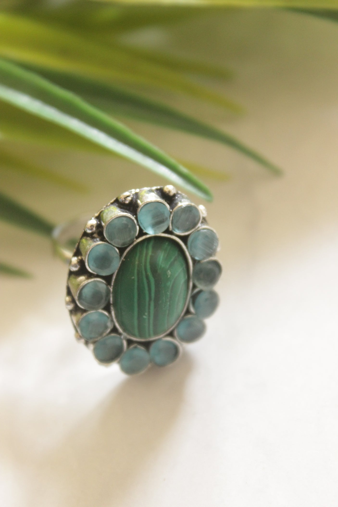 Shaded Green and Blue Gemstones Embedded Oxidised Finish Adjustable Ring