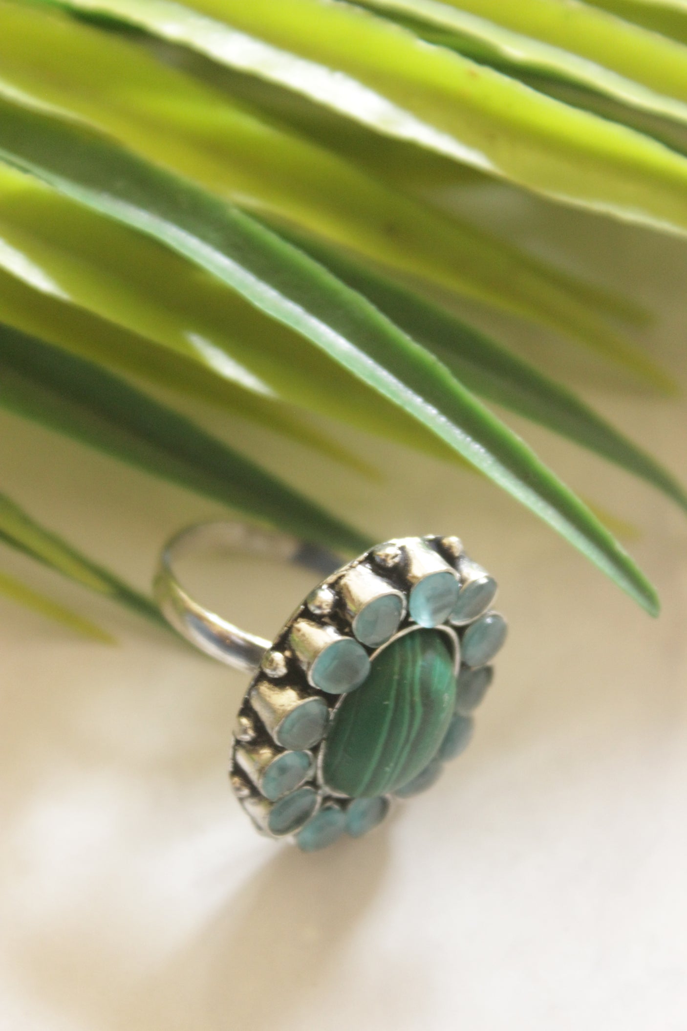 Shaded Green and Blue Gemstones Embedded Oxidised Finish Adjustable Ring