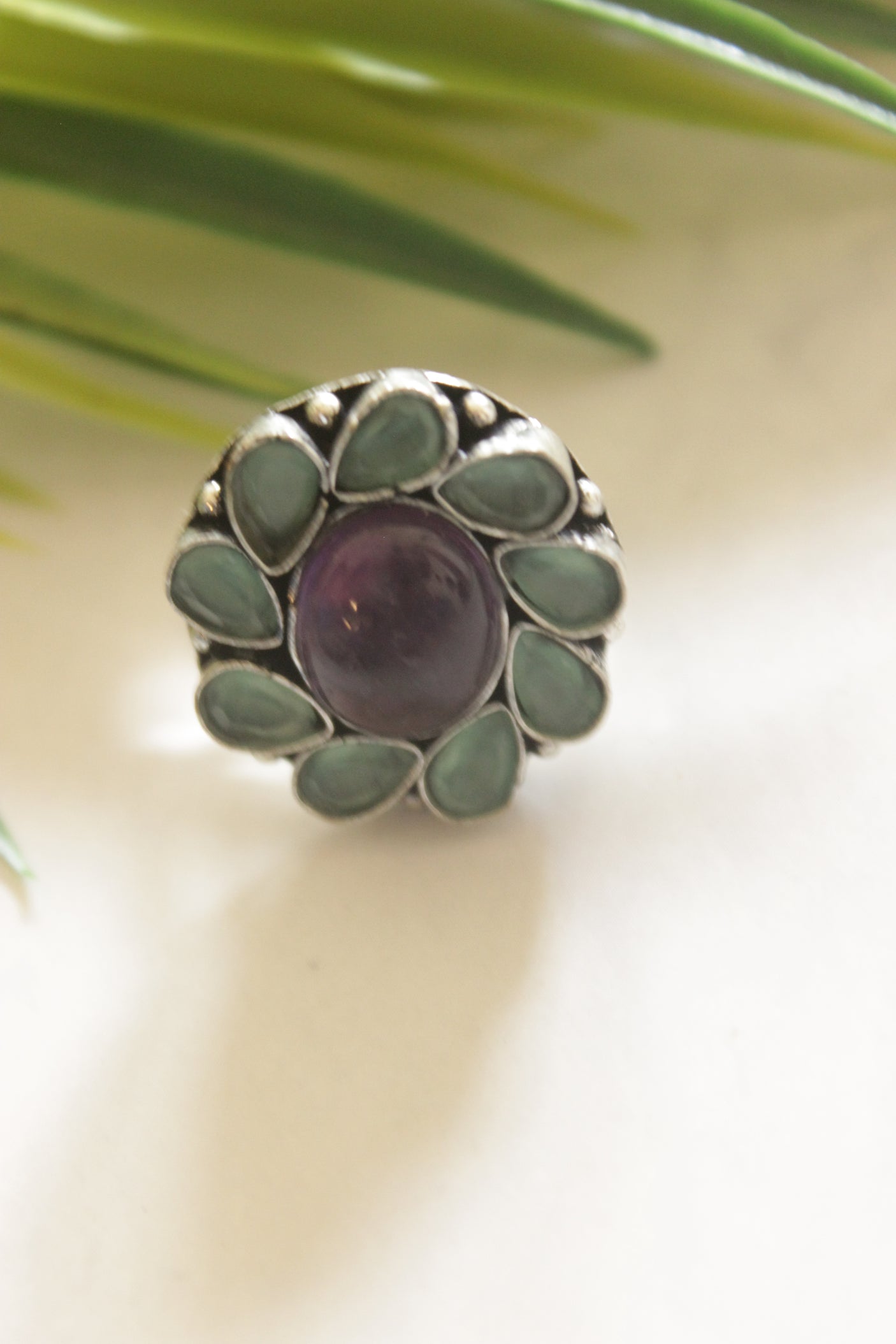 Blue and Purple Gemstones Embedded Oxidised Finish Adjustable Ring