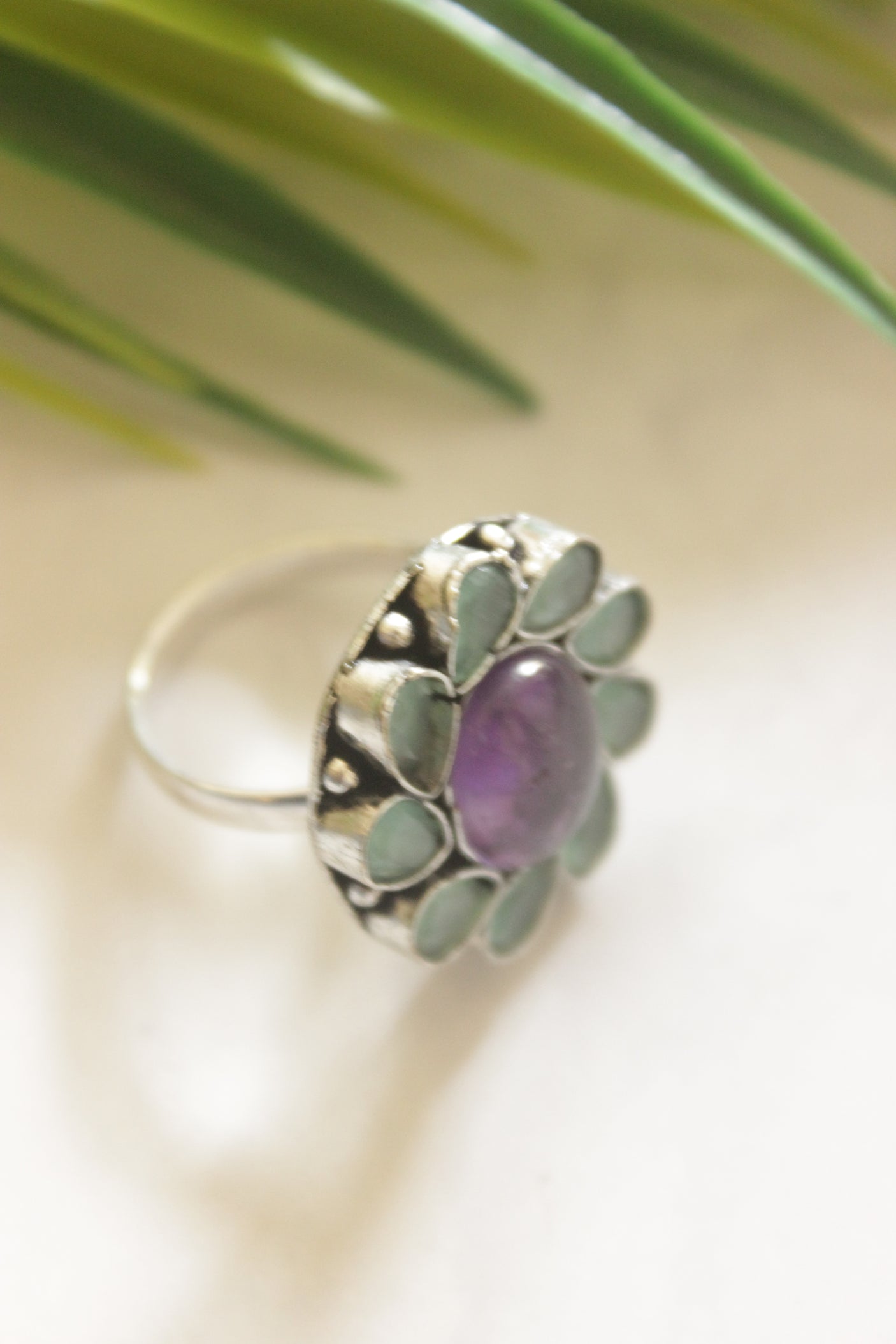 Blue and Purple Gemstones Embedded Oxidised Finish Adjustable Ring