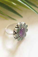 Blue and Purple Gemstones Embedded Oxidised Finish Adjustable Ring