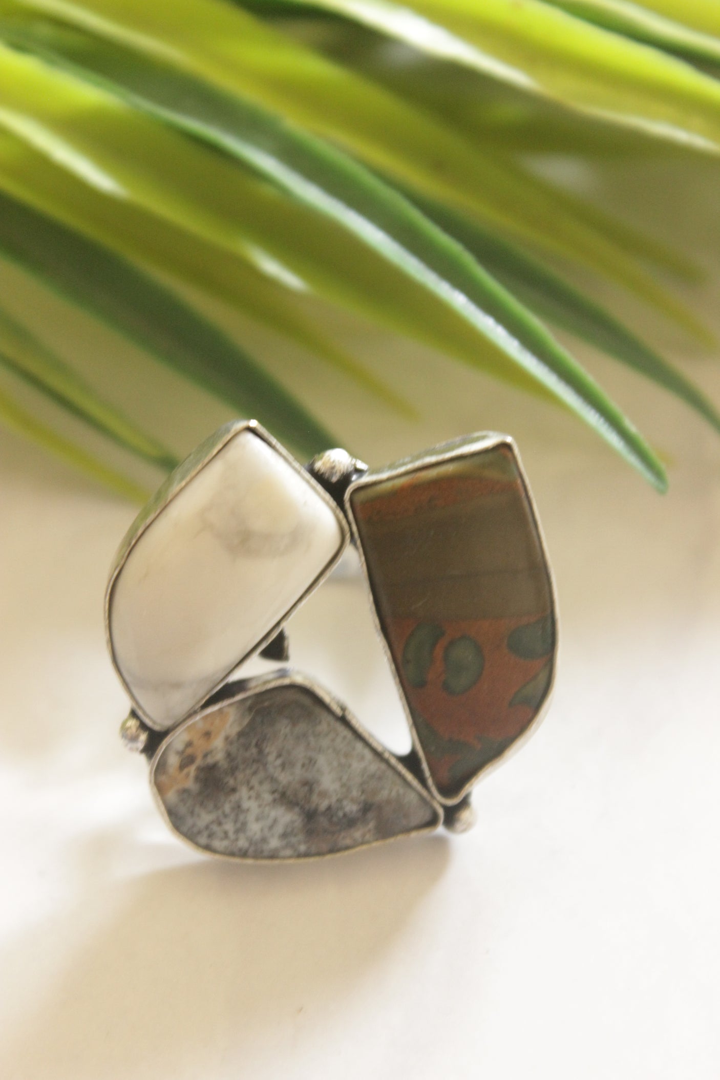 Shaded Brown, Grey and White Gemstones Embedded Oxidised Finish Adjustable Ring