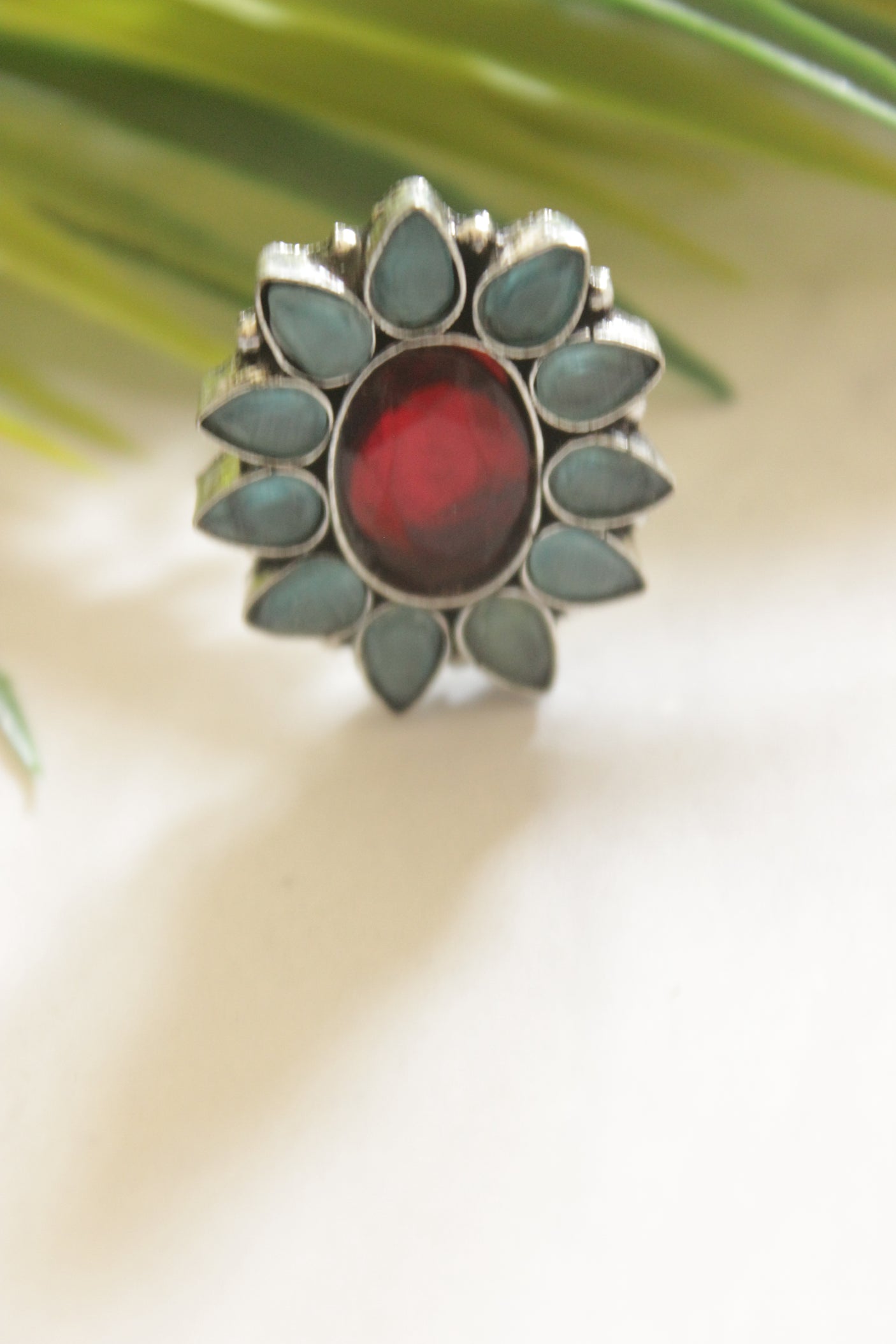 Red and Blue Gemstones Embedded Oxidised Finish Adjustable Ring