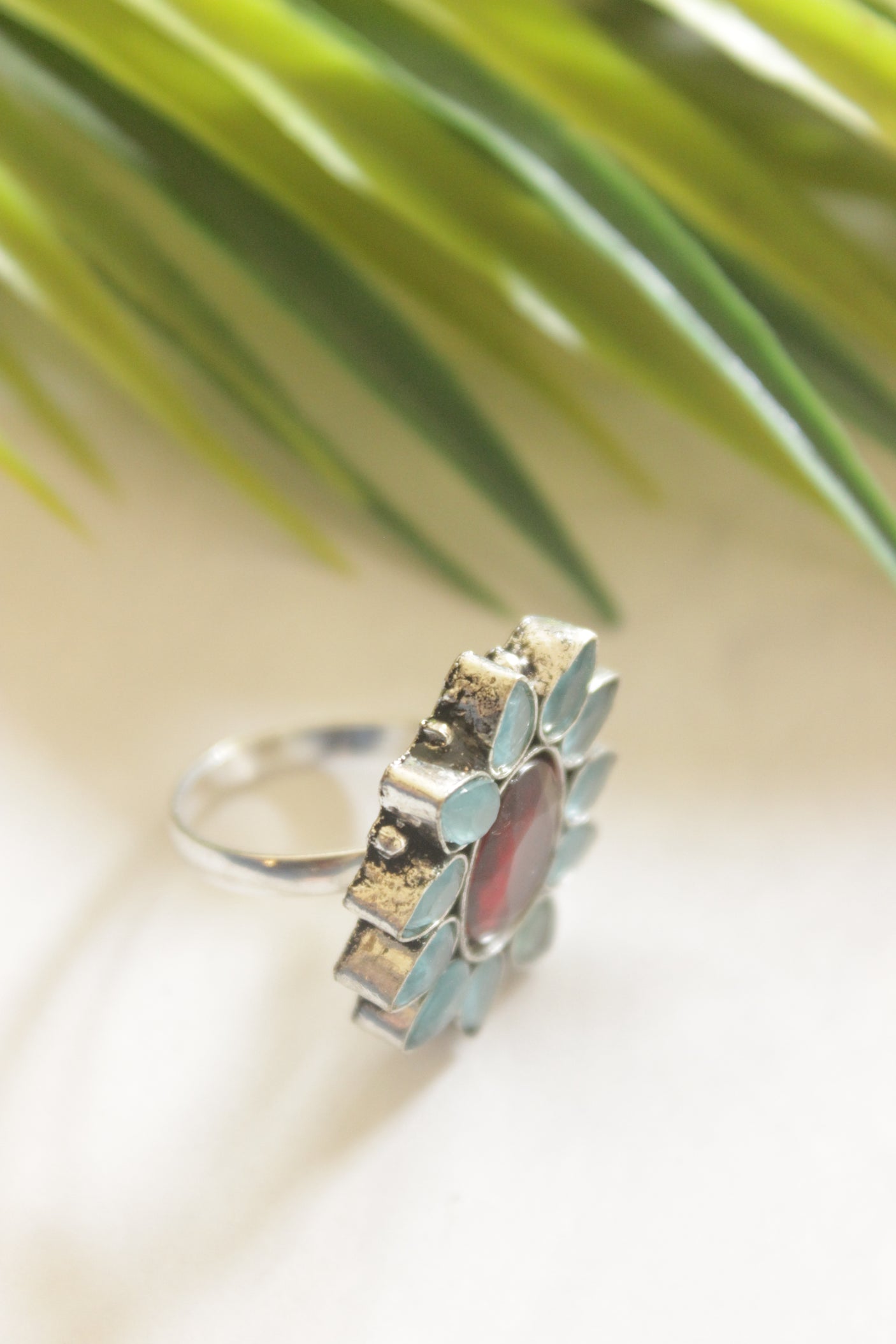 Red and Blue Gemstones Embedded Oxidised Finish Adjustable Ring