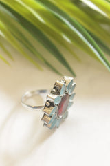 Red and Blue Gemstones Embedded Oxidised Finish Adjustable Ring