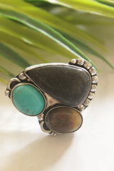 Turquoise, Black and Brown Gemstones Embedded Oxidised Finish Adjustable Ring