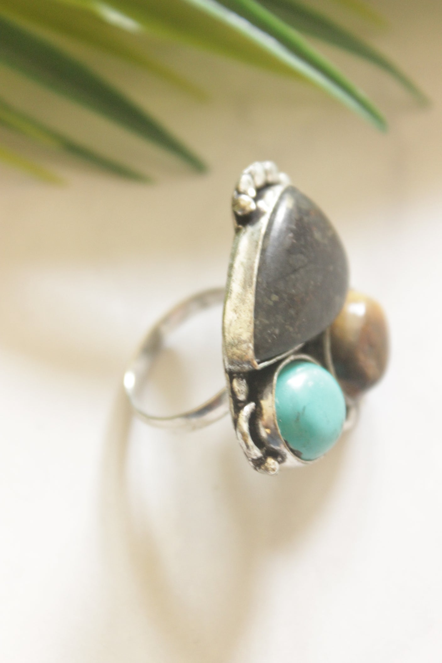 Turquoise, Black and Brown Gemstones Embedded Oxidised Finish Adjustable Ring