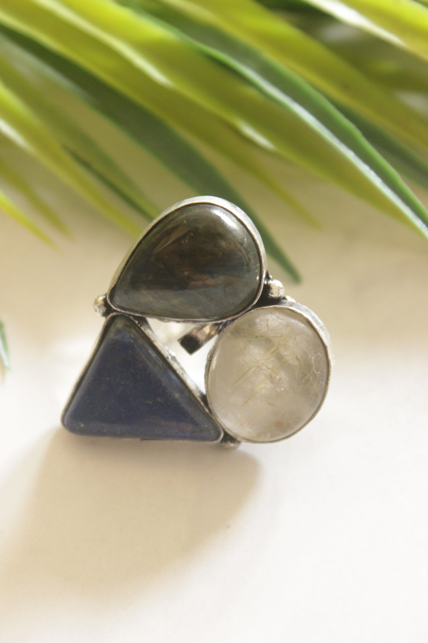 Multi-Color Gemstones Embedded Oxidised Finish Adjustable Ring