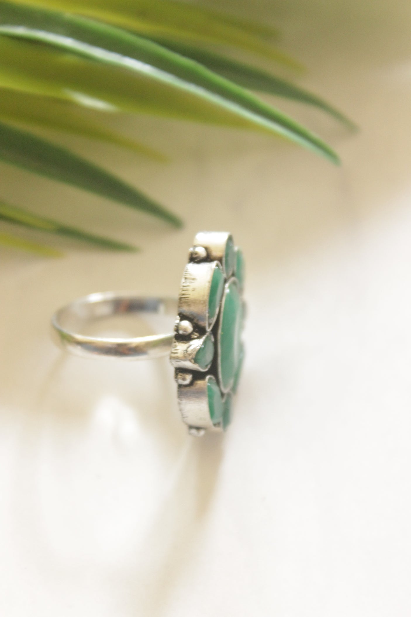 Green Onyx Gemstones Embedded Oxidised Finish Adjustable Ring