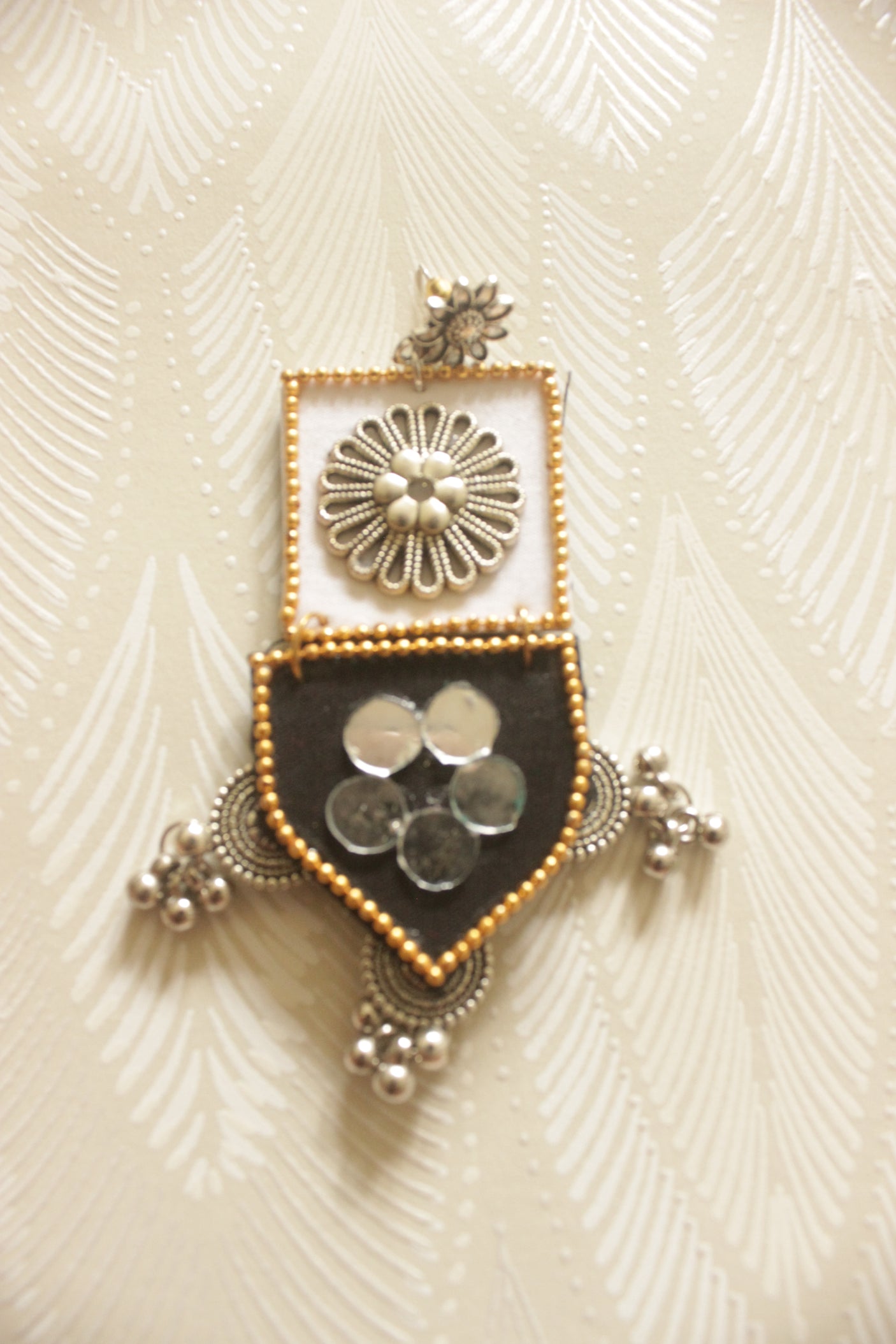 Sheesha Mirror Work Shield Drop Ghungroo Earrings
