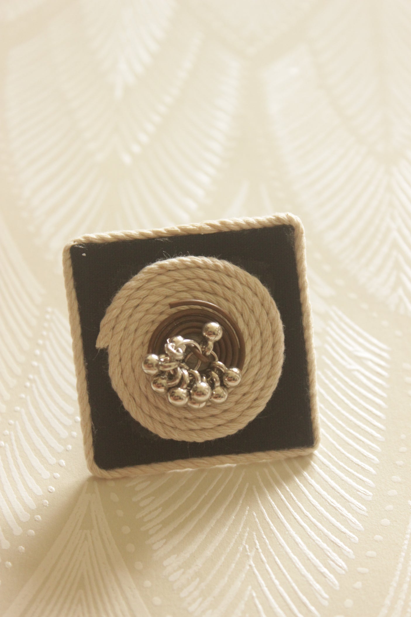Handcrafted Black Cotton Fabric and Jute Statement Adjustable Ring