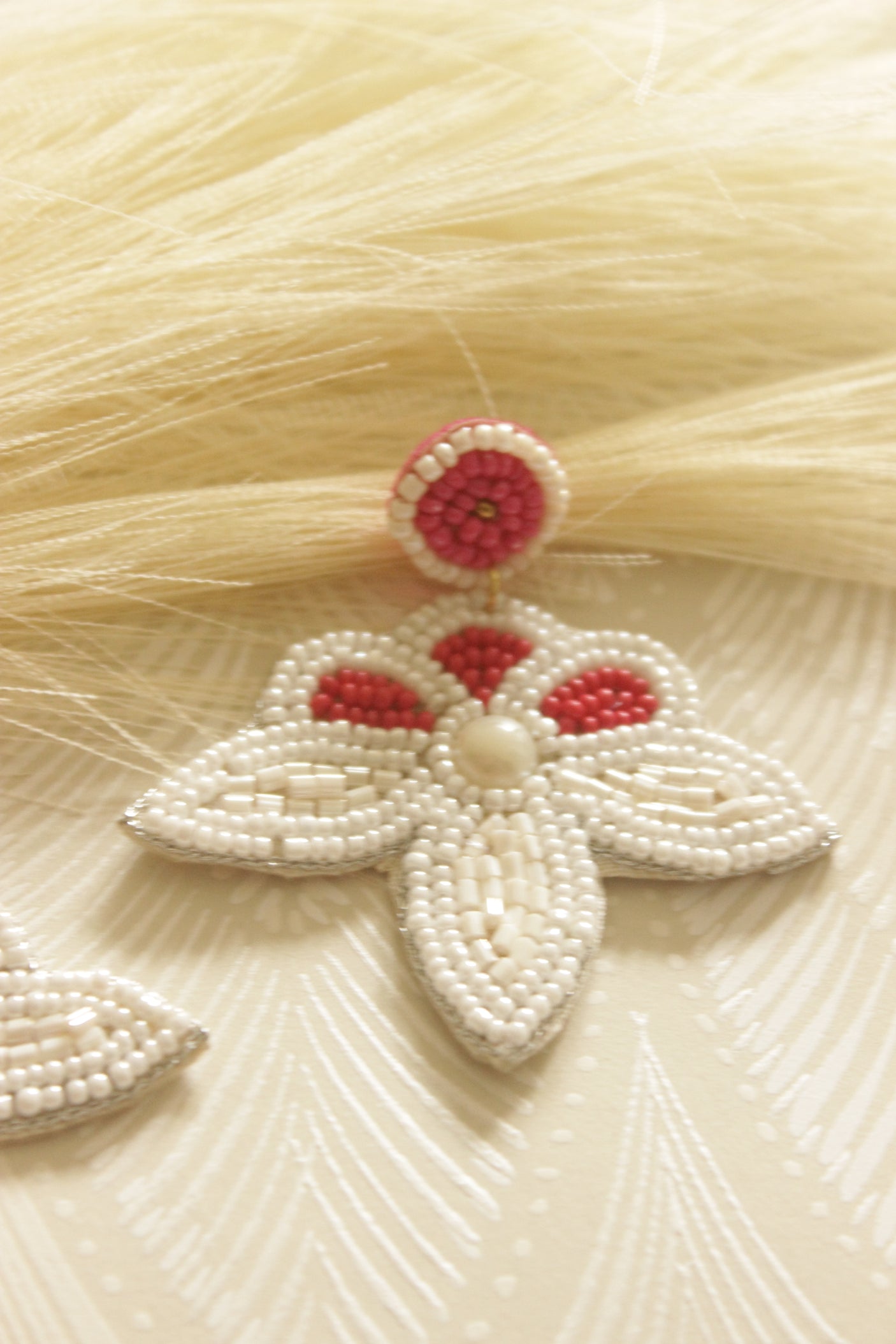 Fuchsia and White Hand Beaded Flower Earrings