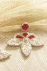 Fuchsia and White Hand Beaded Flower Earrings