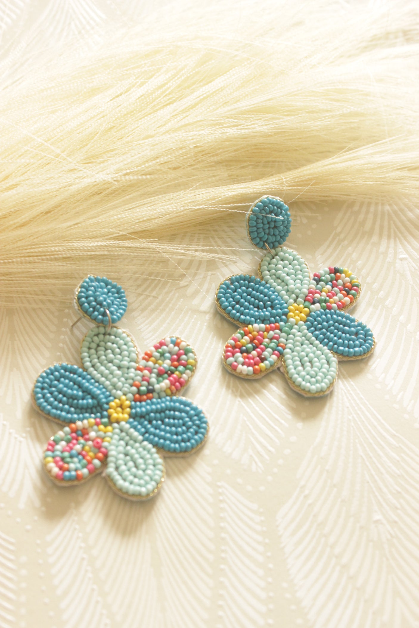 Shades of Blue Hand Beaded Flower Earrings