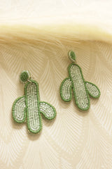 Green and White Hand Beaded Cactus Earrings