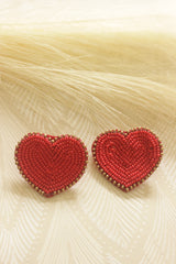 Red and Gold Hand Beaded Heart Earrings