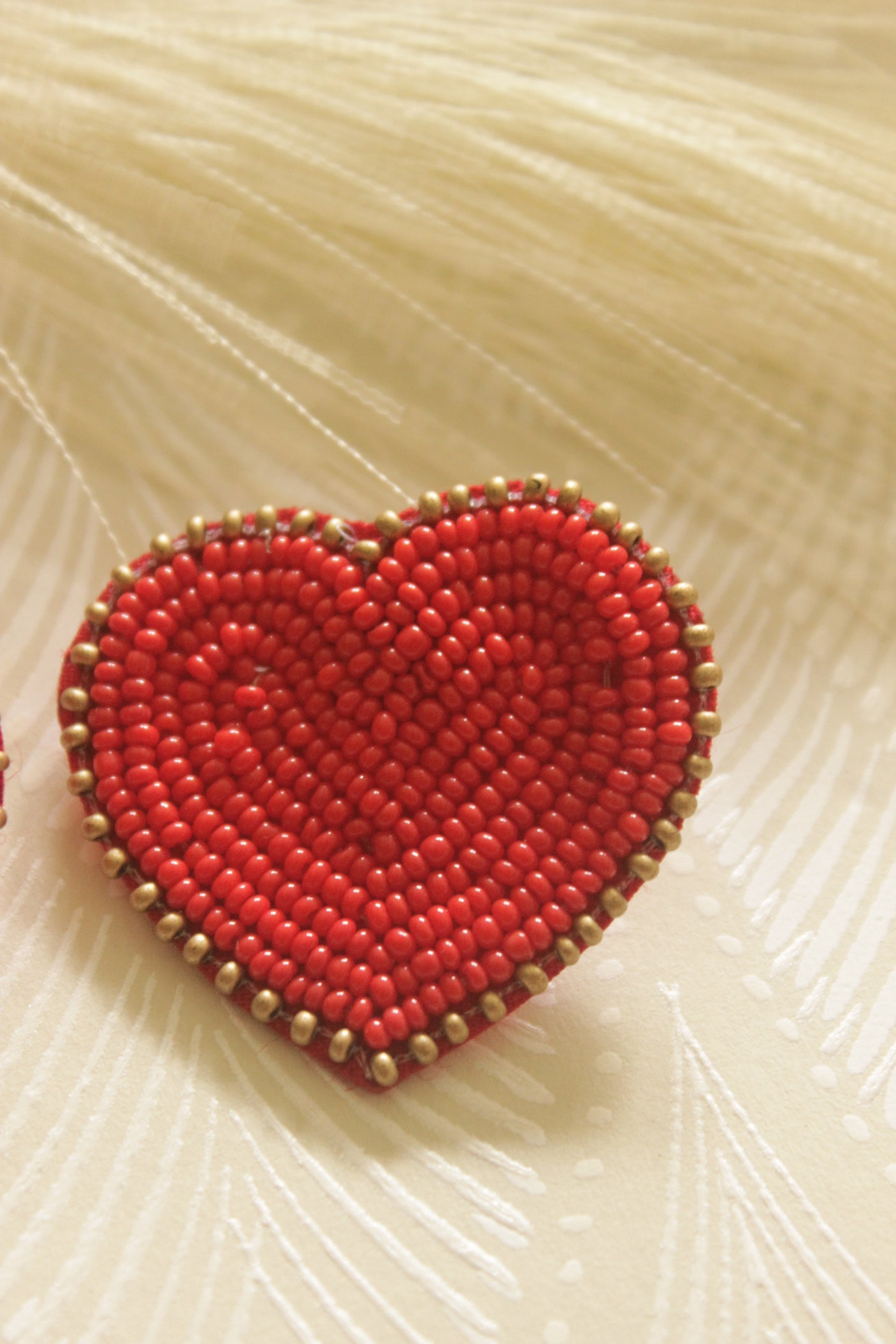 Red and Gold Hand Beaded Heart Earrings