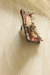 Handcrafted Kalamkari Fabric and Jute Statement Adjustable Ring