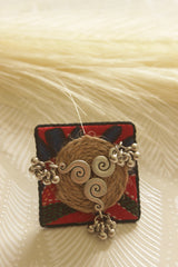 Handcrafted Red Block Printed Fabric and Jute Statement Adjustable Ring