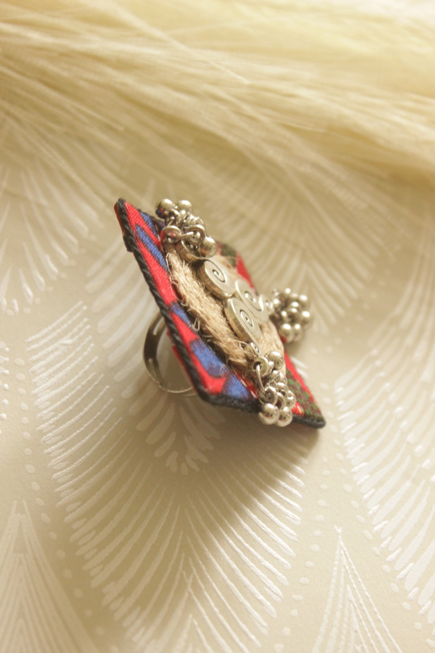 Handcrafted Red Block Printed Fabric and Jute Statement Adjustable Ring