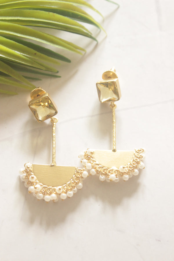 Gold Half-Moon Danglers with Faceted Yellow Stone Top and Pearl Cluster Edge