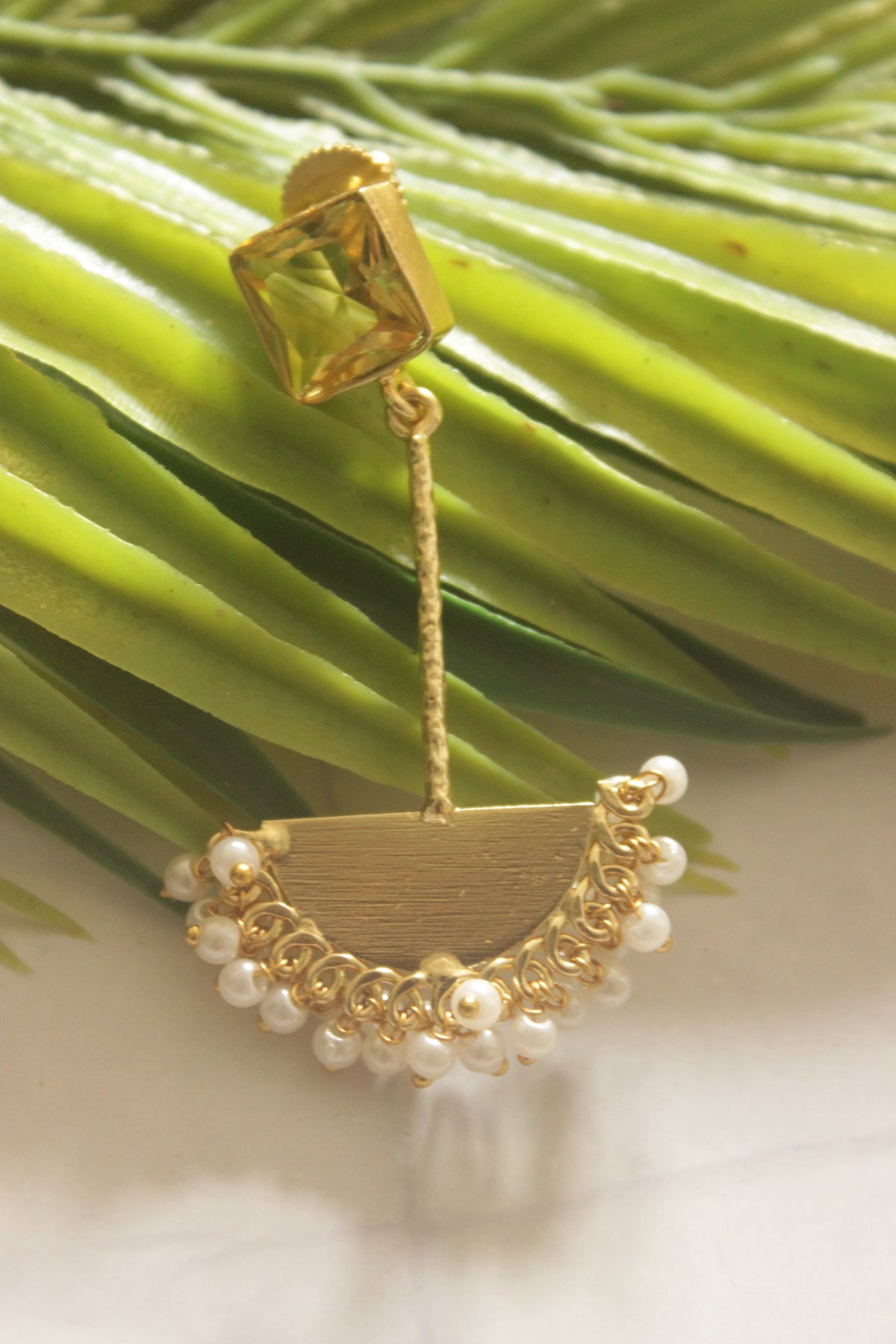 Gold Half-Moon Danglers with Faceted Yellow Stone Top and Pearl Cluster Edge