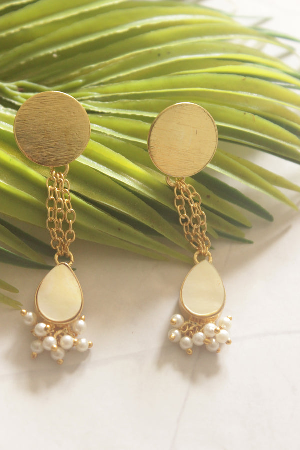 Long Chain Drop Earrings with Ivory Teardrop Stone and Pearl Cluster