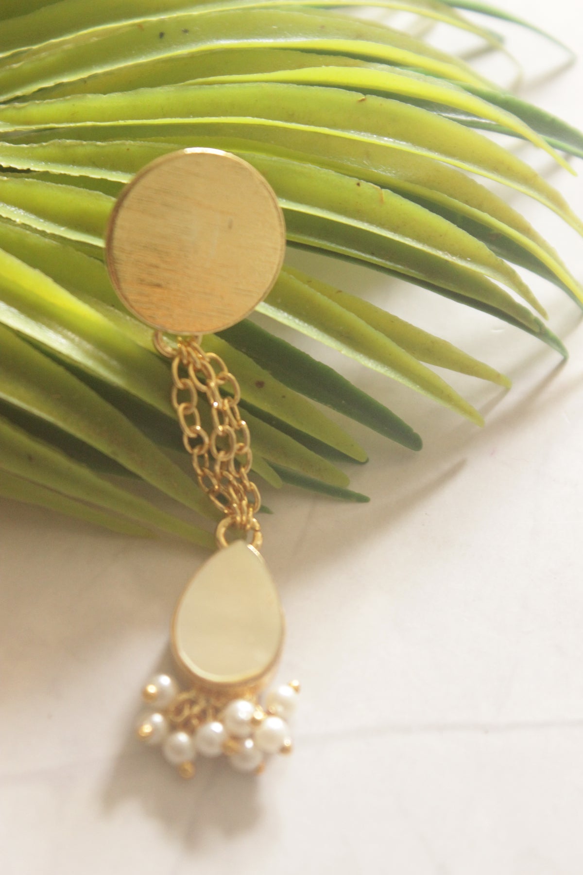 Long Chain Drop Earrings with Ivory Teardrop Stone and Pearl Cluster