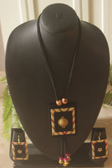 Fabric Hand Painted Necklace Set with Metal Charms and Adjustable Closure