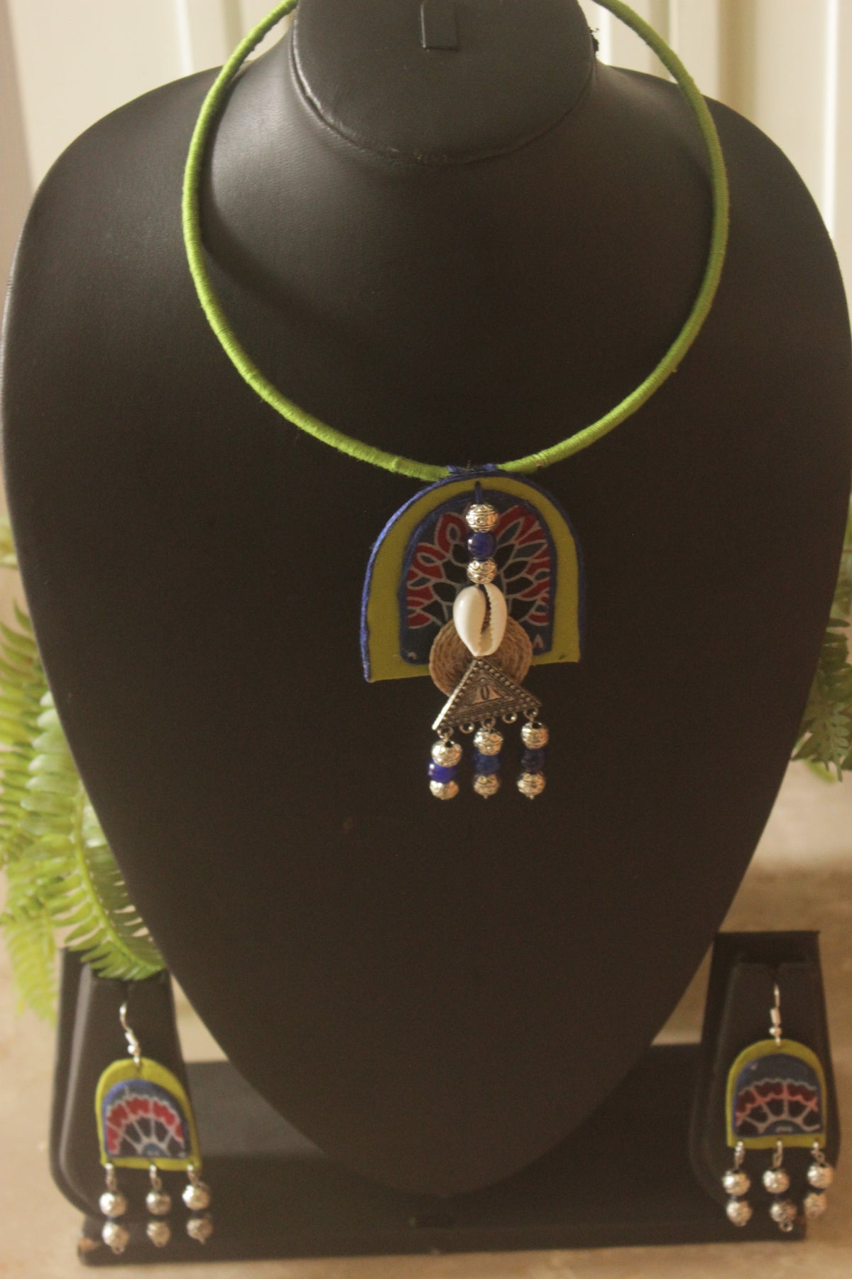 Shades of Green and Blue Hand Painted Fabric Choker Necklace Set