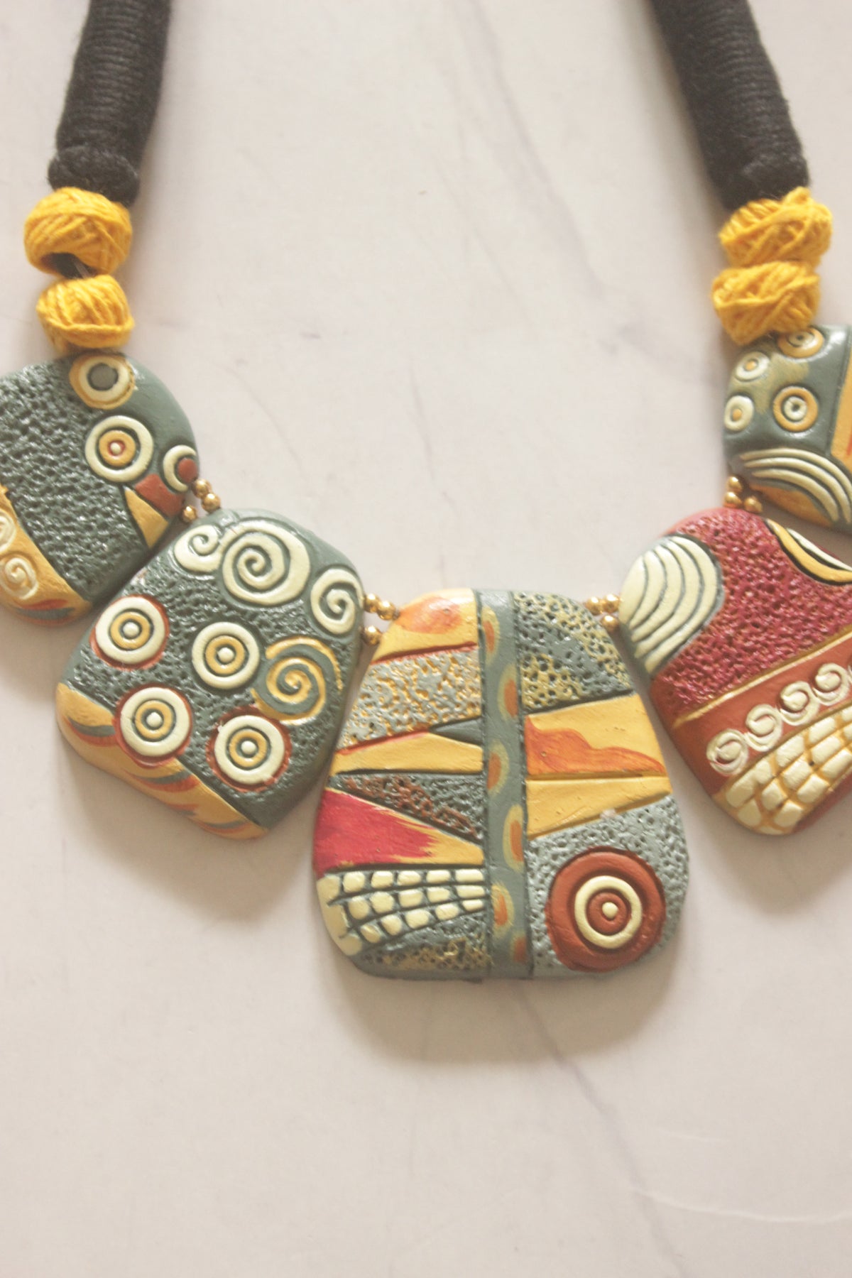 Hand Painted Abstract Motifs Terracotta Clay Necklace Set