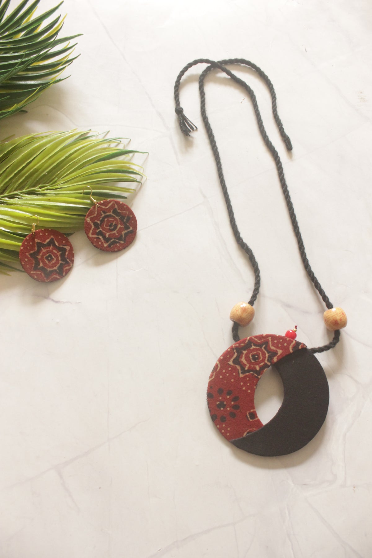 Black and Maroon Kalamkari Fabric Crescent Moon Handmade Necklace Set