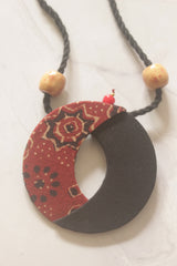 Black and Maroon Kalamkari Fabric Crescent Moon Handmade Necklace Set