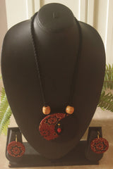 Black and Maroon Kalamkari Fabric Crescent Moon Handmade Necklace Set
