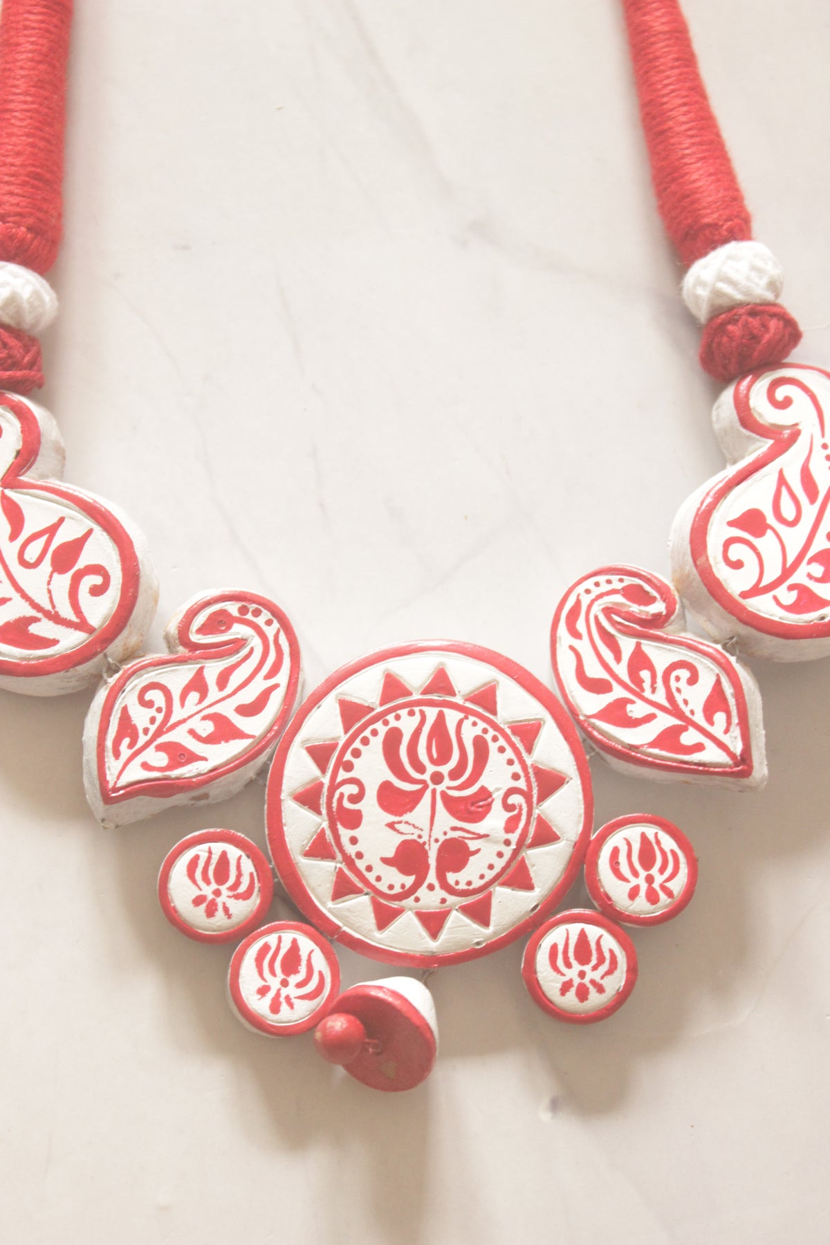 Red and White Lotus Flowers Hand Painted Terracotta Clay Choker Necklace Set