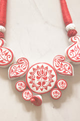 Red and White Lotus Flowers Hand Painted Terracotta Clay Choker Necklace Set