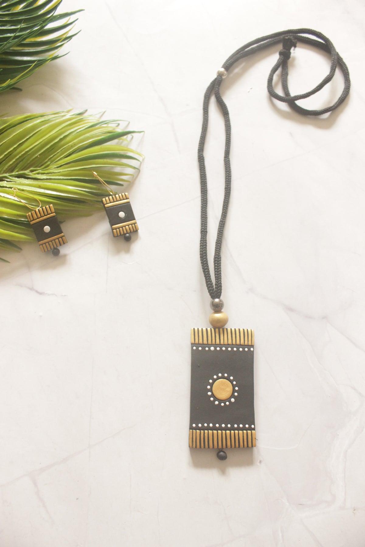 Black and Gold Terracotta Clay Hand Painted Necklace Set