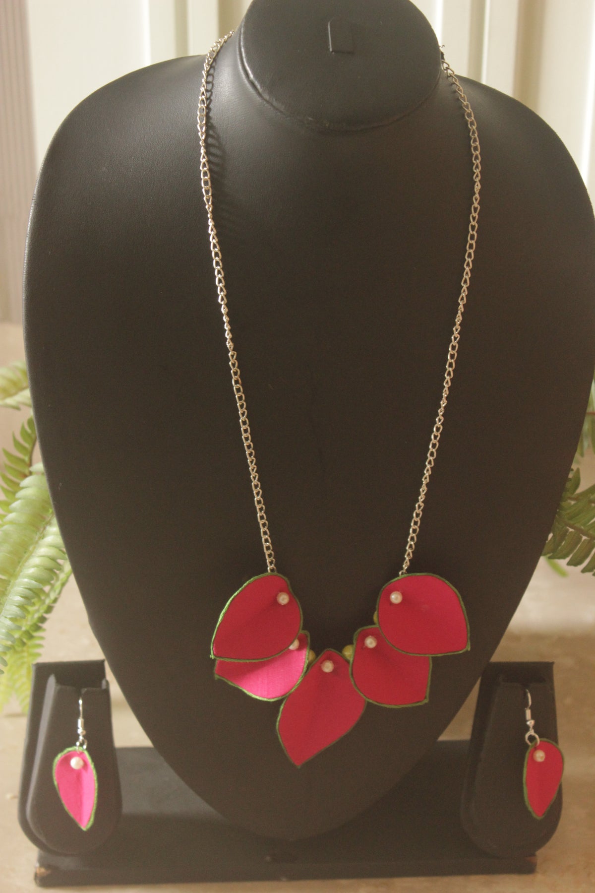 Pink Flower Petals Handmade Fabric Necklace Set