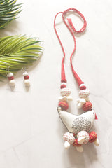 Kantha Embroidered Red and White Fabric Handmade Necklace Set