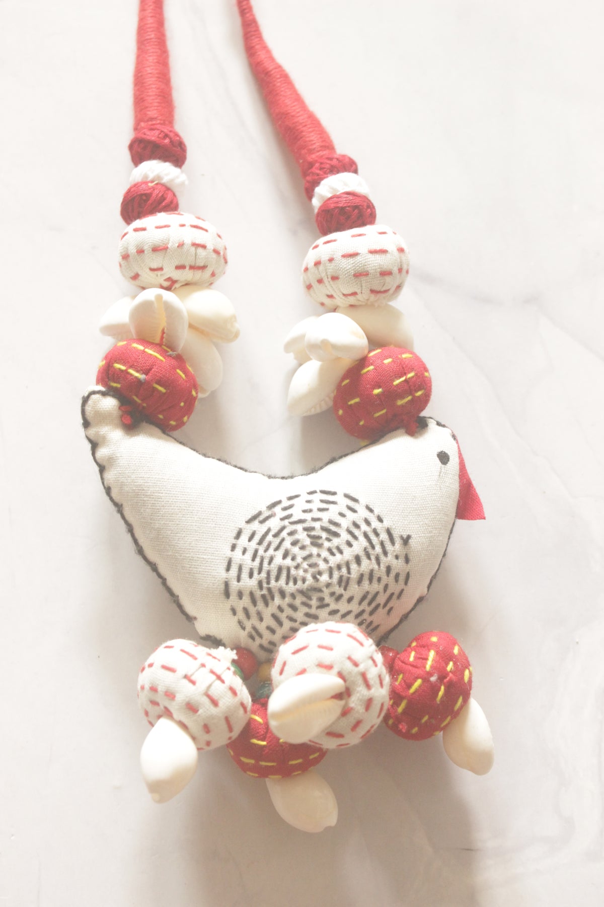 Kantha Embroidered Red and White Fabric Handmade Necklace Set