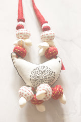 Kantha Embroidered Red and White Fabric Handmade Necklace Set