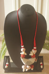 Kantha Embroidered Red and White Fabric Handmade Necklace Set