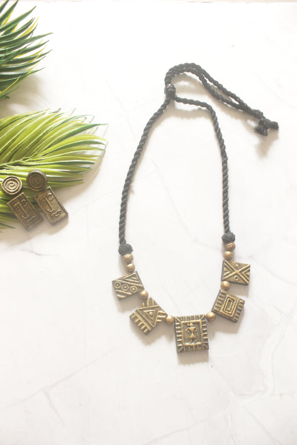 Antique Gold Warli Dancing Figures Handmade Terracotta Clay Choker Necklace Set