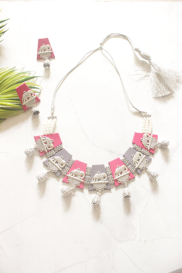 Pink and Charcoal Grey Fabric Tiles Choker Necklace Set with Elephant Charms