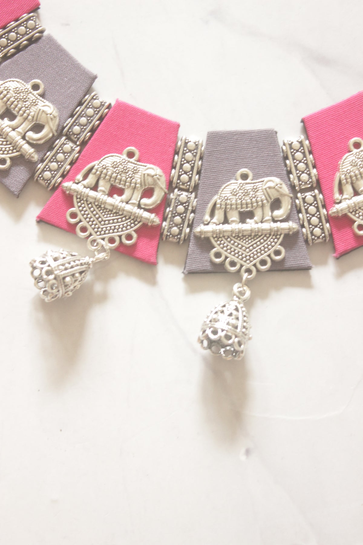 Pink and Charcoal Grey Fabric Tiles Choker Necklace Set with Elephant Charms