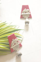 Pink and Charcoal Grey Fabric Tiles Choker Necklace Set with Elephant Charms