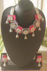 Pink and Charcoal Grey Fabric Tiles Choker Necklace Set with Elephant Charms