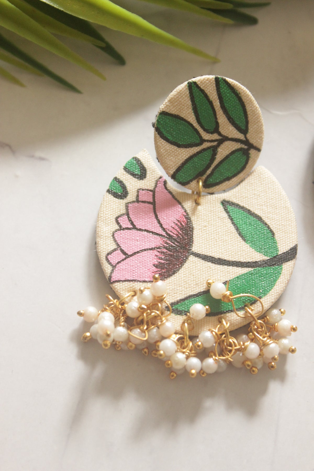 Lotus Hand Painted Fabric Earrings with Pearl Drop Hangings