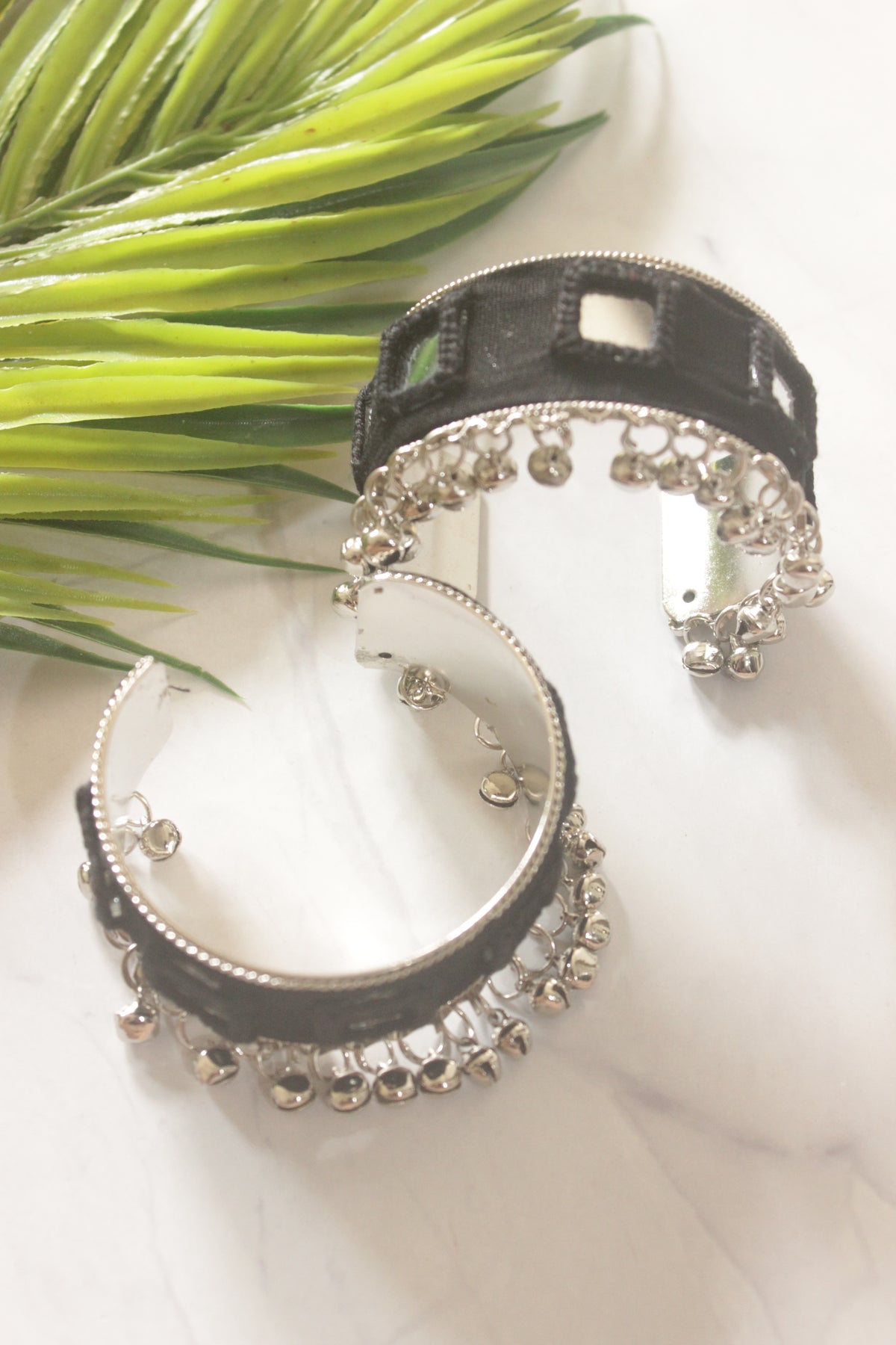 Metal and Fabric Bangles with Mirror and Ghungroos - Set of 2